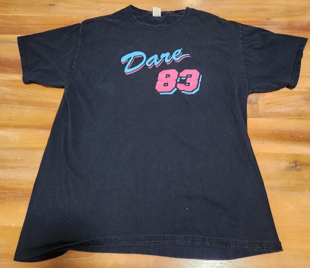 Dare 83 Graphic T Shirt Size Large Black Pink Blue Synthwave Style Fruit of Loom